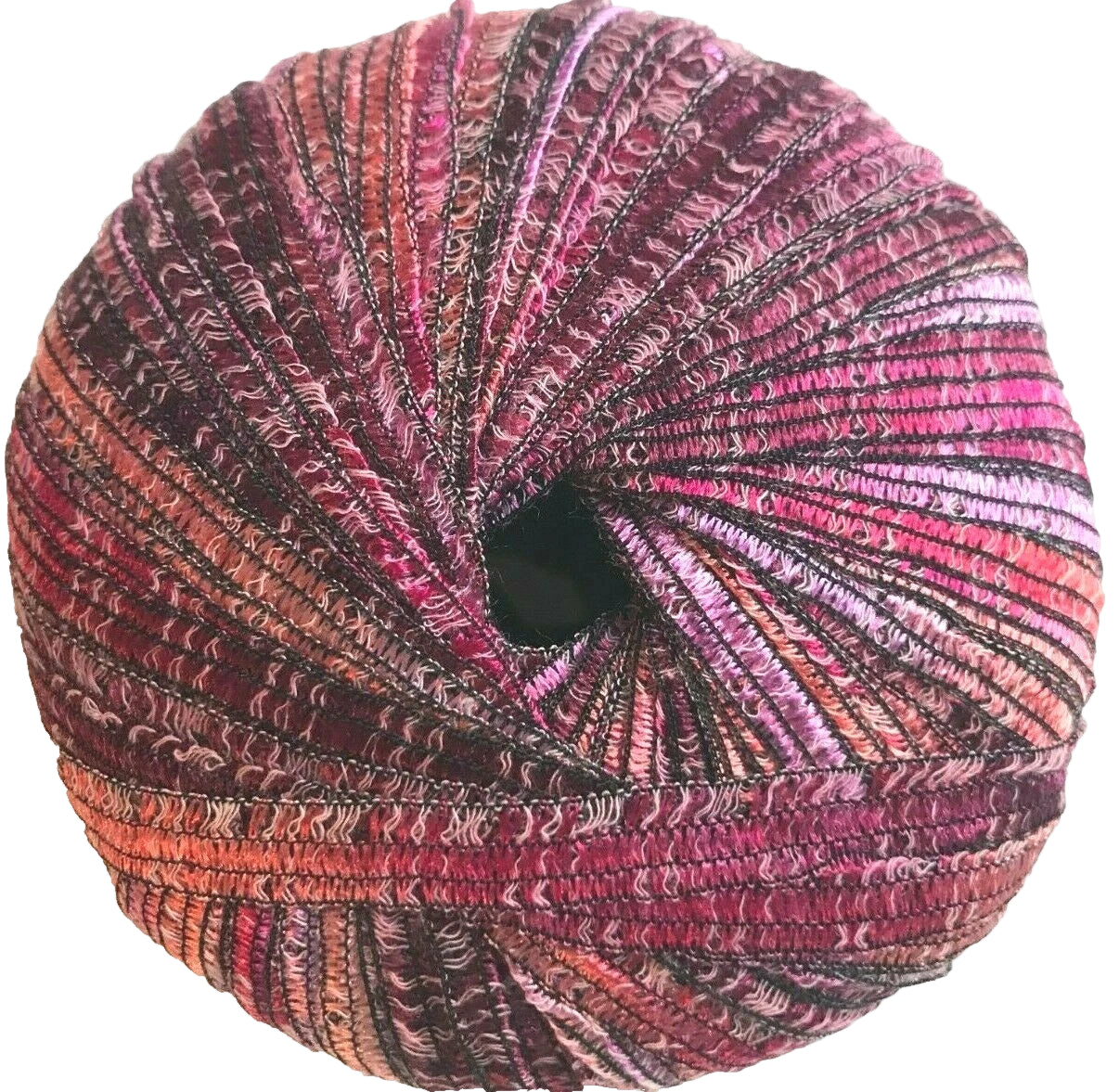 Multicolored skein of yarn on a white background