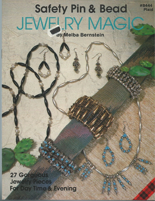 Book cover of 'Safety Pin & Bead Jewelry Magic' by Melba Bernstein with jewelry pieces displayed.