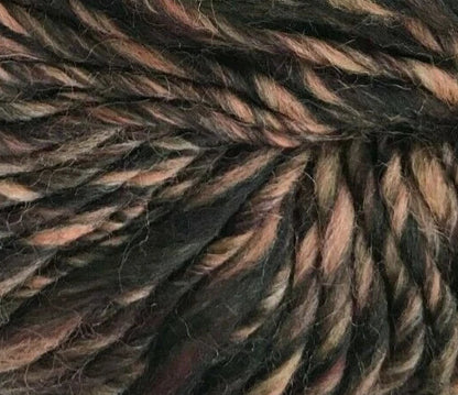 Close-up of a skein of dark brown yarn with subtle color variations.