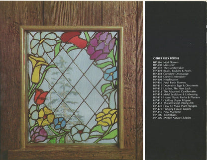 Stained glass panel with floral design on a wooden frame, next to a list of other craft books.
