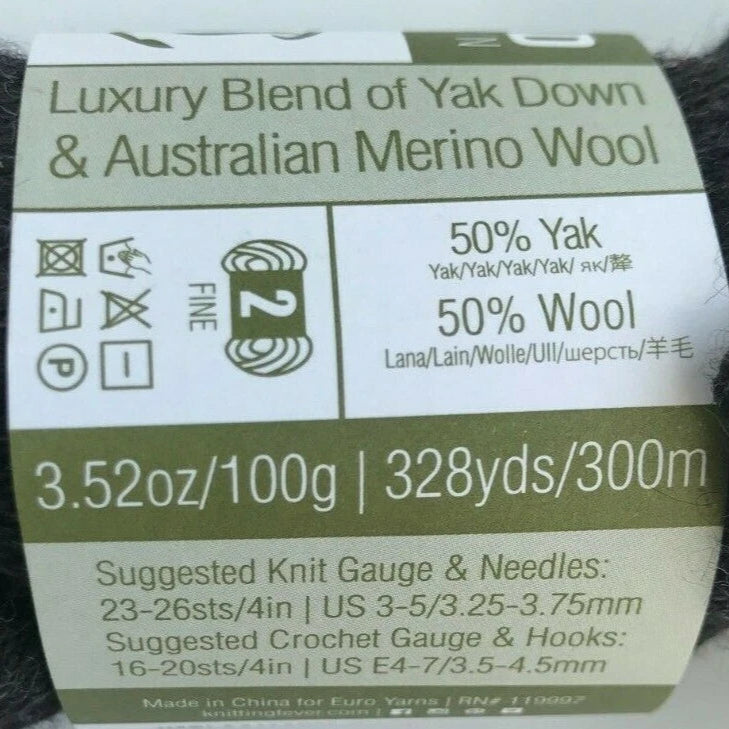 Yak down and Australian merino wool label on a yarn ball