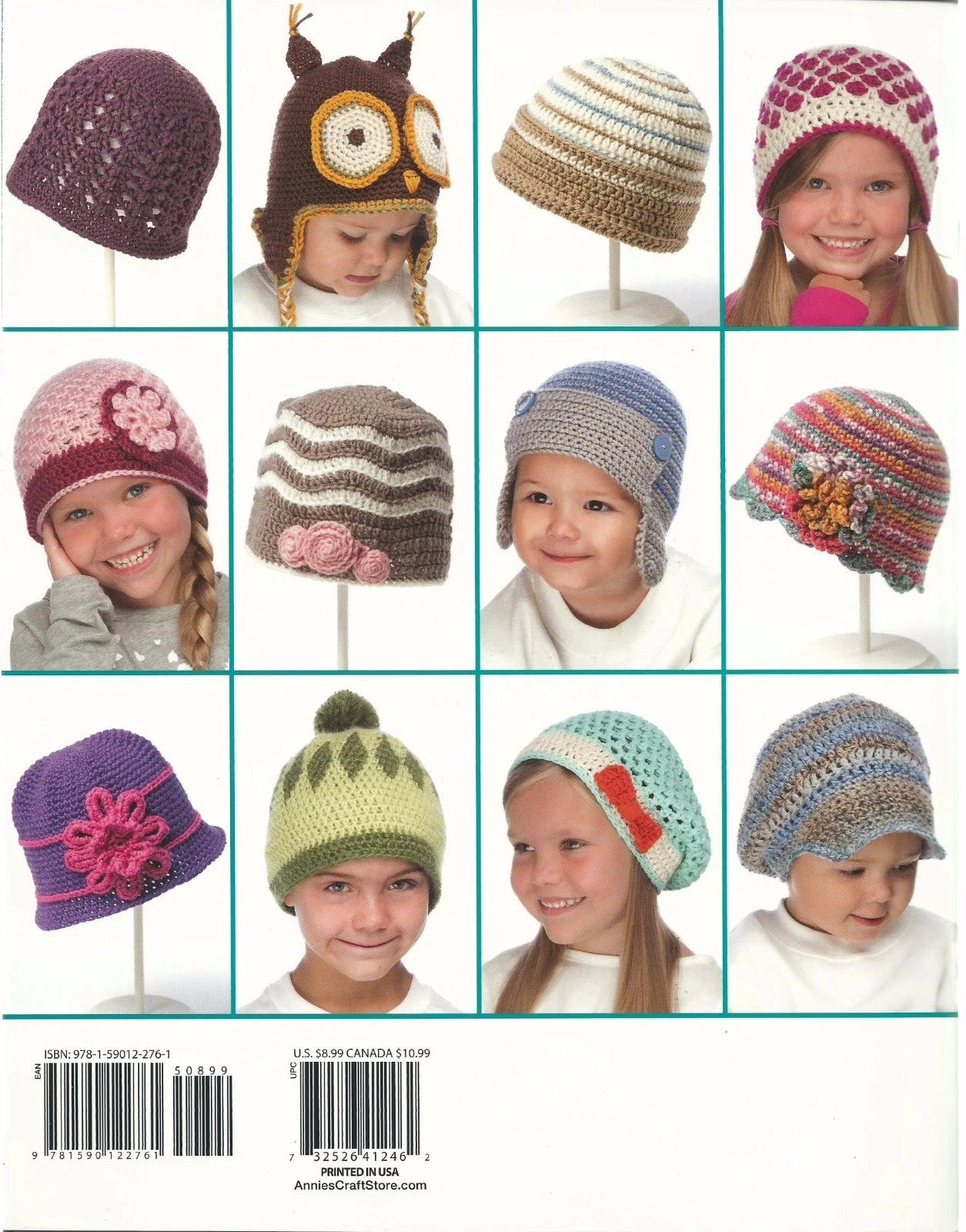 Collection of children's crocheted hats with various designs on a grid layout.