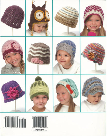Collection of children's crocheted hats with various designs on a grid layout.