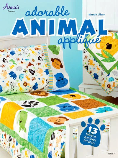 Book cover of 'Adorable Animal Applique' by Margie Ullery with colorful animal-themed bedding set.