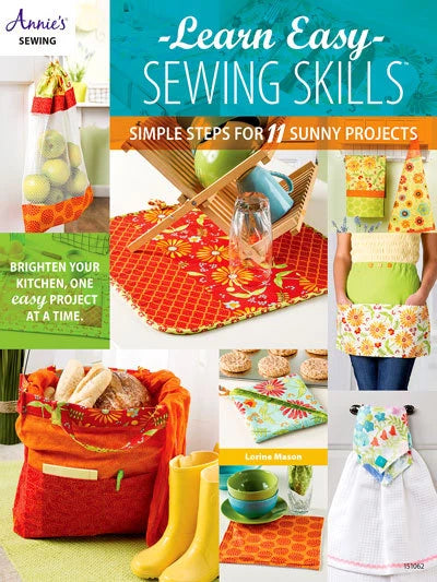 Book cover of 'Learn Easy Sewing Skills' with images of sewing projects and text.