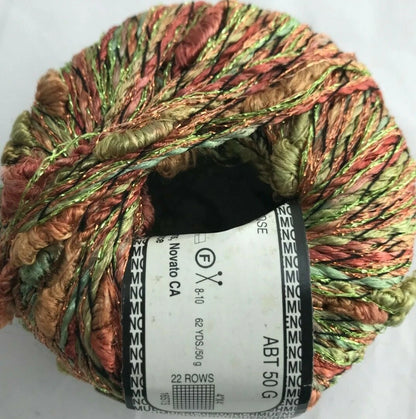 Multicolored skein of yarn with a label on a white background