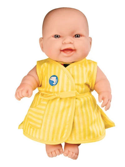 Baby doll wearing a yellow striped dress with a blue emblem on a white background