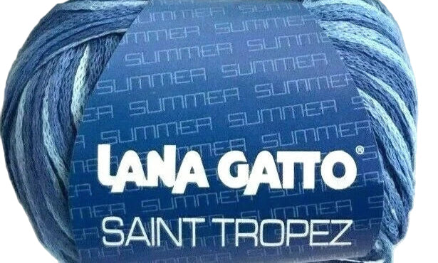 Ball of yarn with 'Lana Gatto Saint Tropez' label on a blue background