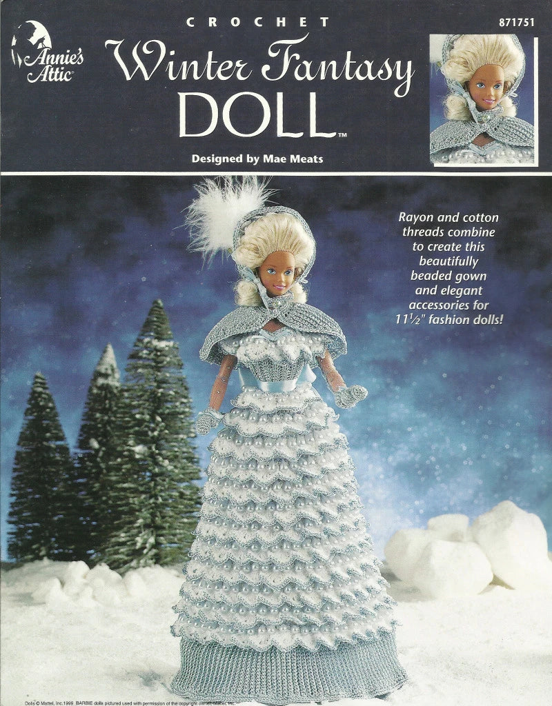 Crochet pattern book for a winter fantasy doll with a doll and snowy landscape illustration.