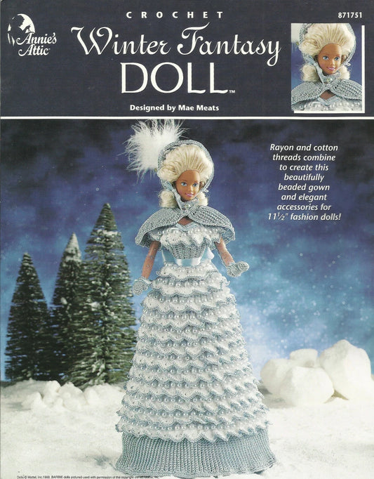 Crochet pattern book for a winter fantasy doll with a doll and snowy landscape illustration.