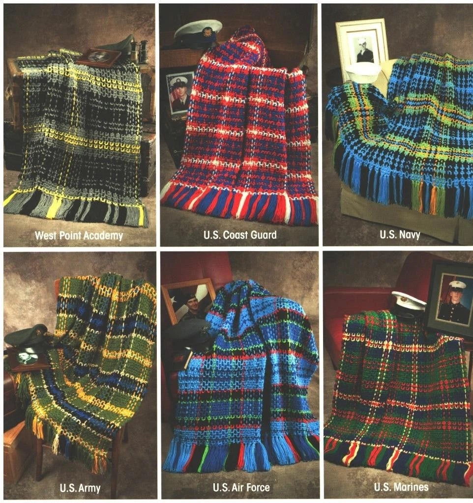 Collection of plaid blankets with labels for U.S. military branches.