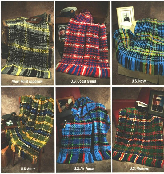 Collection of plaid blankets with labels for U.S. military branches.