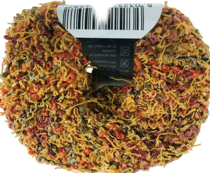 Multicolored yarn skein with a label on a white background