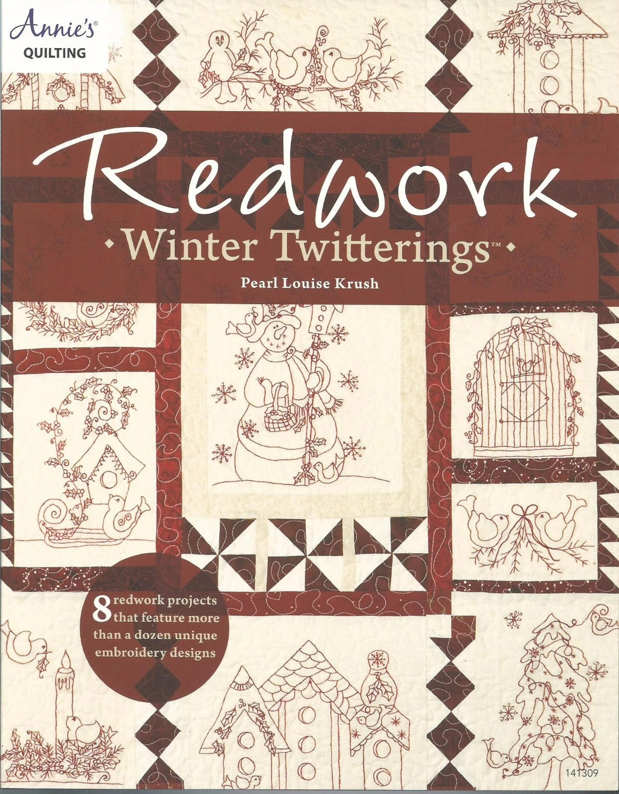 Book cover of 'Redwork Winter Twitterings' by Pearl Louise Krush with redwork embroidery designs.