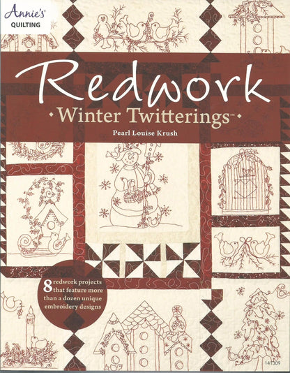 Book cover of 'Redwork Winter Twitterings' by Pearl Louise Krush with redwork embroidery designs.