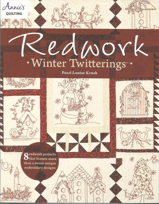 Book cover of 'Redwork Winter Twitterings' by Pearl Louise Krush with redwork embroidery designs.