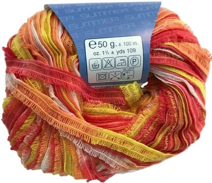 Multicolored yarn ball with a label on a white background