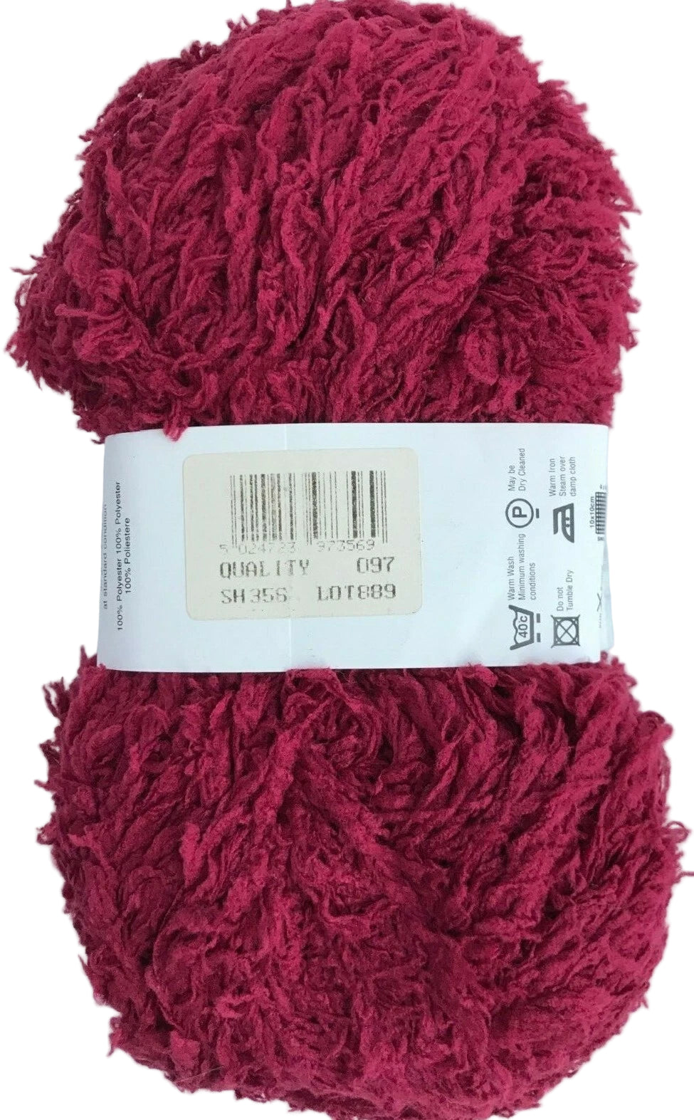 Ball of red yarn with a label on a white background