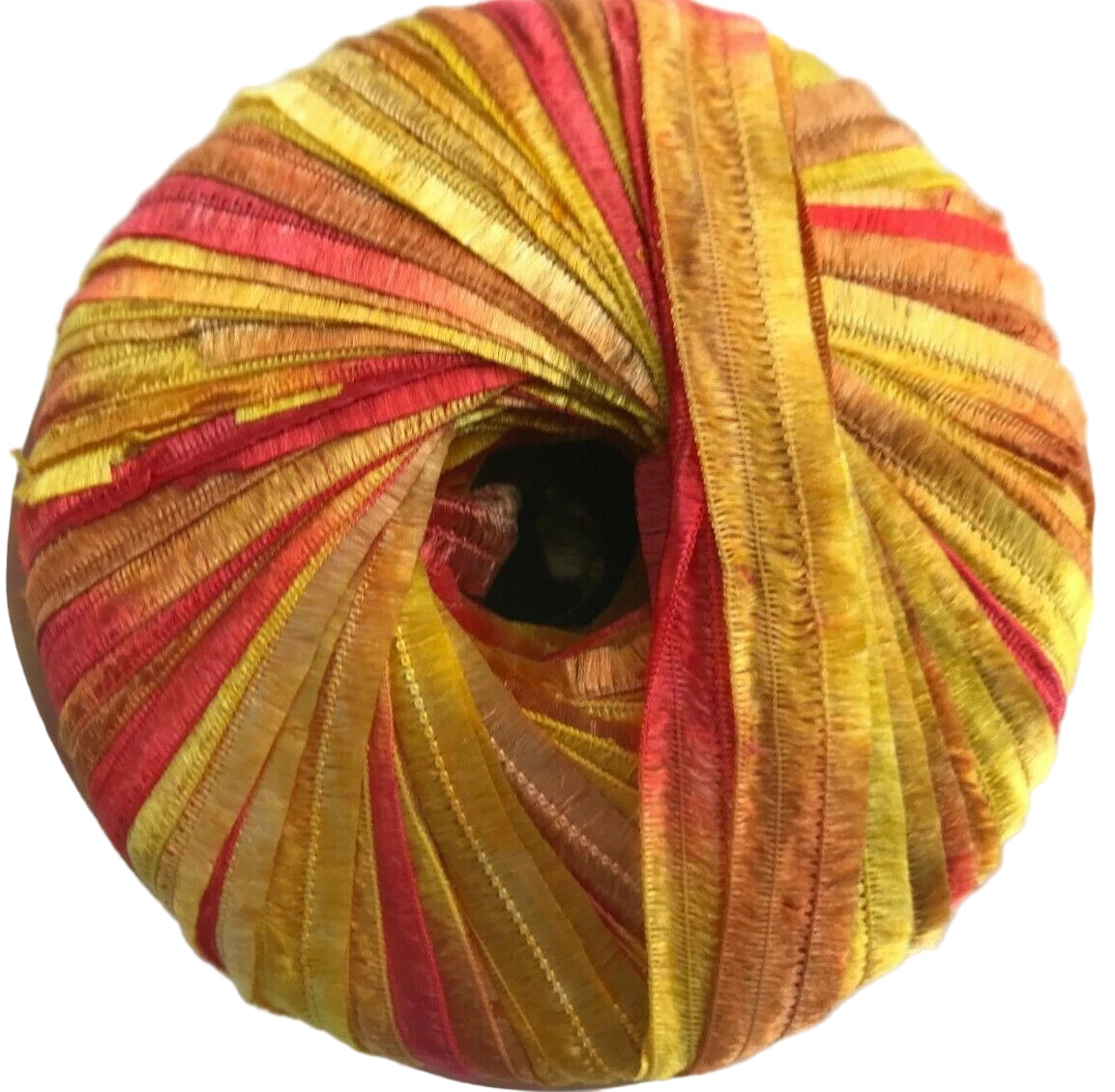 Colorful yarn ball with red and yellow stripes on a gray background