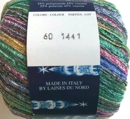 Multicolored yarn ball with a label indicating 'Made in Italy by Laines du Nord'.