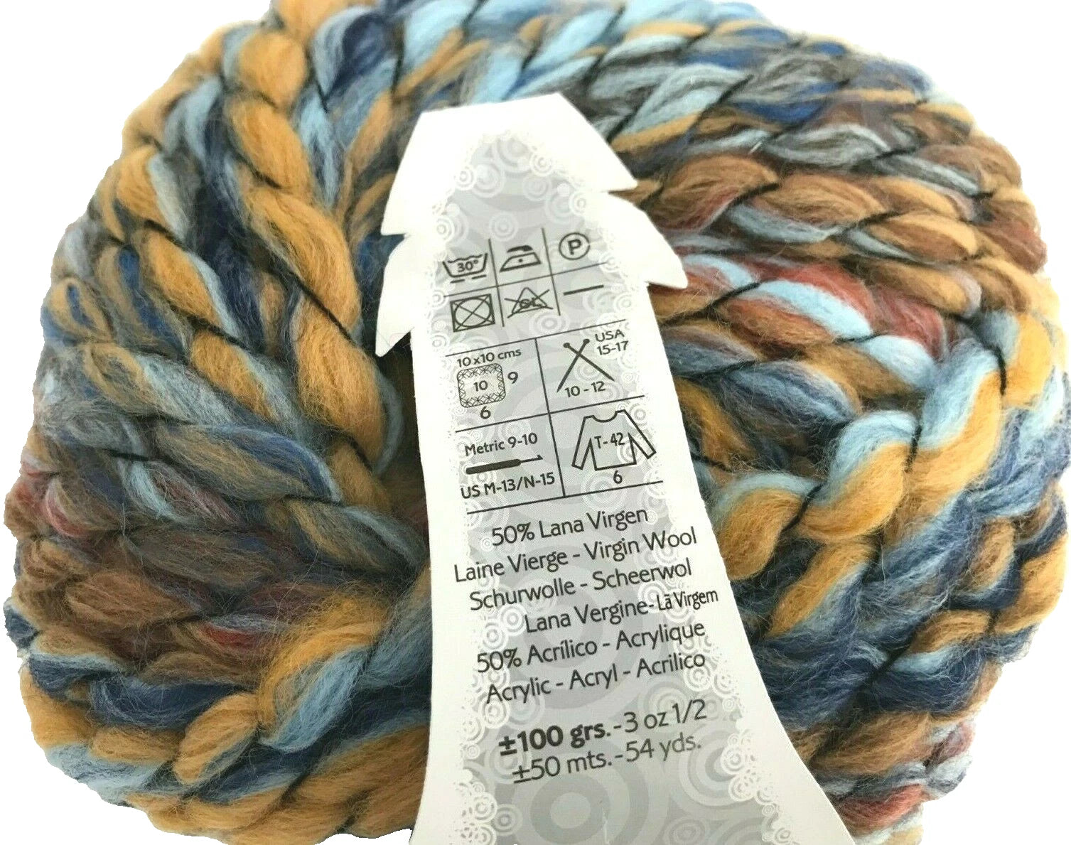 Multicolored skein of yarn with a label on a white background