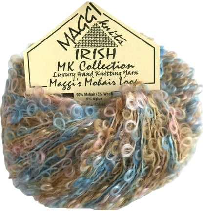 Multicolored yarn skein with a label on a white background