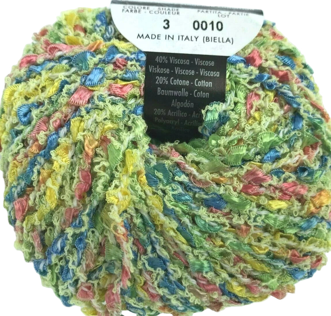 Multicolored yarn ball with a label indicating 'Made in Italy' on a white background