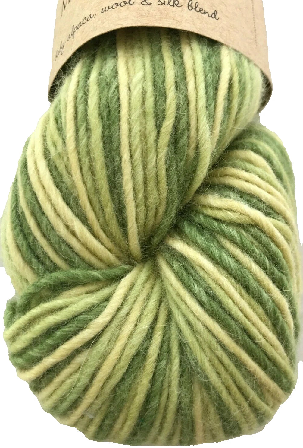Green and beige skein of yarn with a visible brand label.