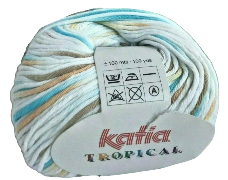 Ball of yarn with 'Katia Tropical' label on a white background