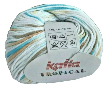 Ball of yarn with 'Katia Tropical' label on a white background