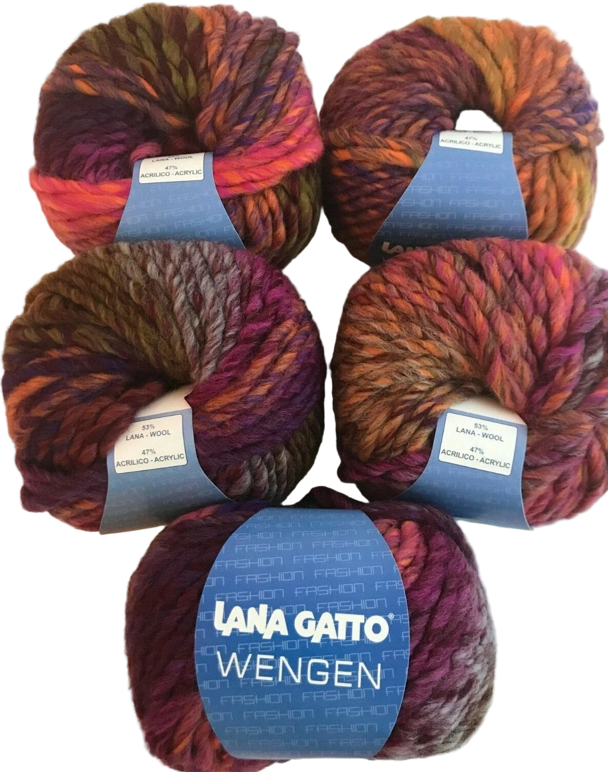 Five skeins of multicolored yarn with 'Lana Gatto Wengen' labels on a light background.