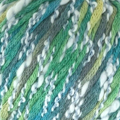 Close-up of multicolored yarn with green, blue, and white strands.