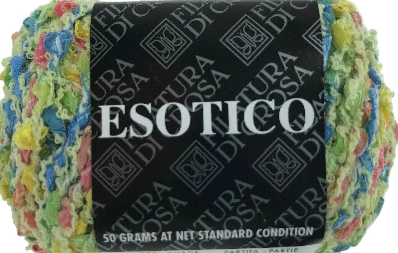 Multicolored yarn with 'Esotico' label on a white background