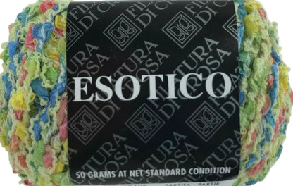 Multicolored yarn with 'Esotico' label on a white background