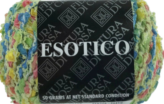 Multicolored yarn with 'Esotico' label on a white background