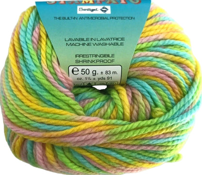 Multicolored yarn skein with a label on a white background