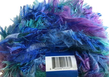 Colorful feathered product with a barcode label on a white background