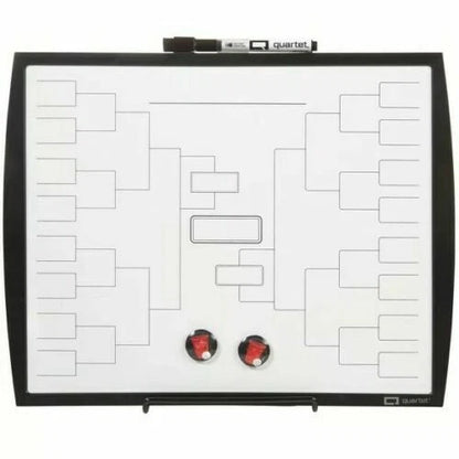 Whiteboard with bracket design and markers on a white background