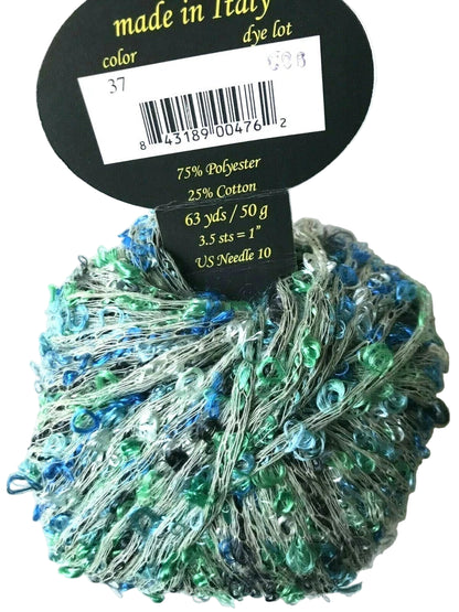 Ball of yarn with a label indicating 'made in Italy' and product details on a white background