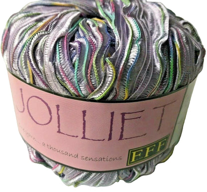 Multicolored yarn skein with 'Jolliet' label on a white background