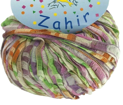 Multicolored yarn ball with a label reading 'Zahir' on a white background