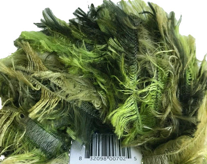 Green feathered product with a barcode label on a white background