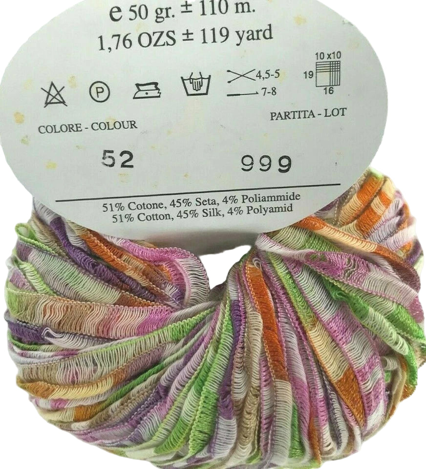 Multicolored yarn skein with label on a white background