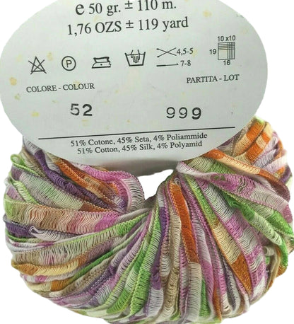 Multicolored yarn skein with label on a white background