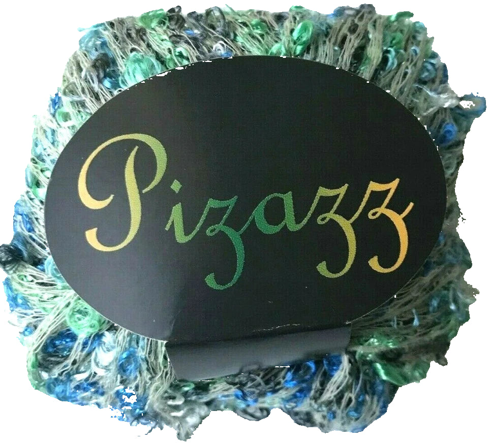 Black oval sign with 'Pizazz' text on a textured green and blue background