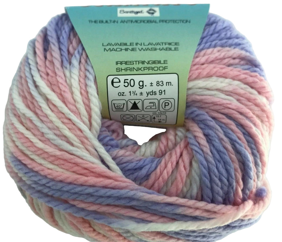 Multicolored yarn ball with a label on a white background