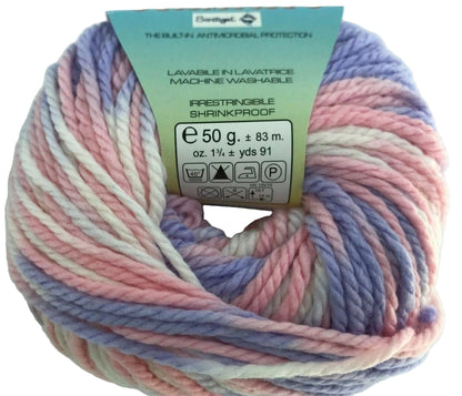 Multicolored yarn ball with a label on a white background