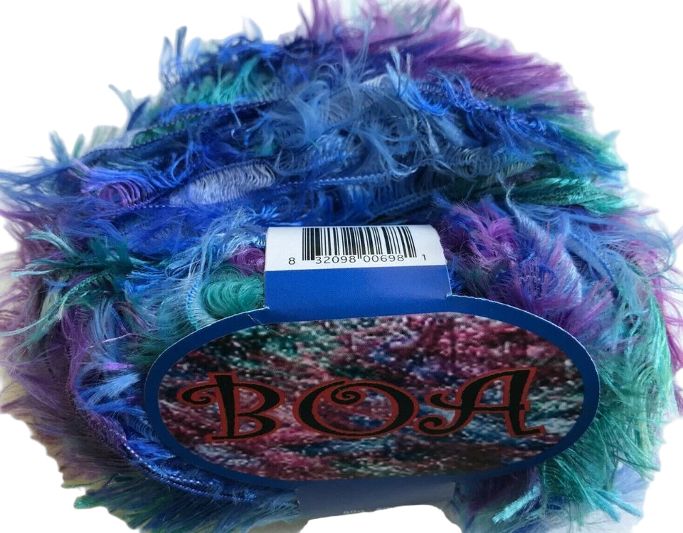 Colorful yarn ball with a 'BOA' label on a white background