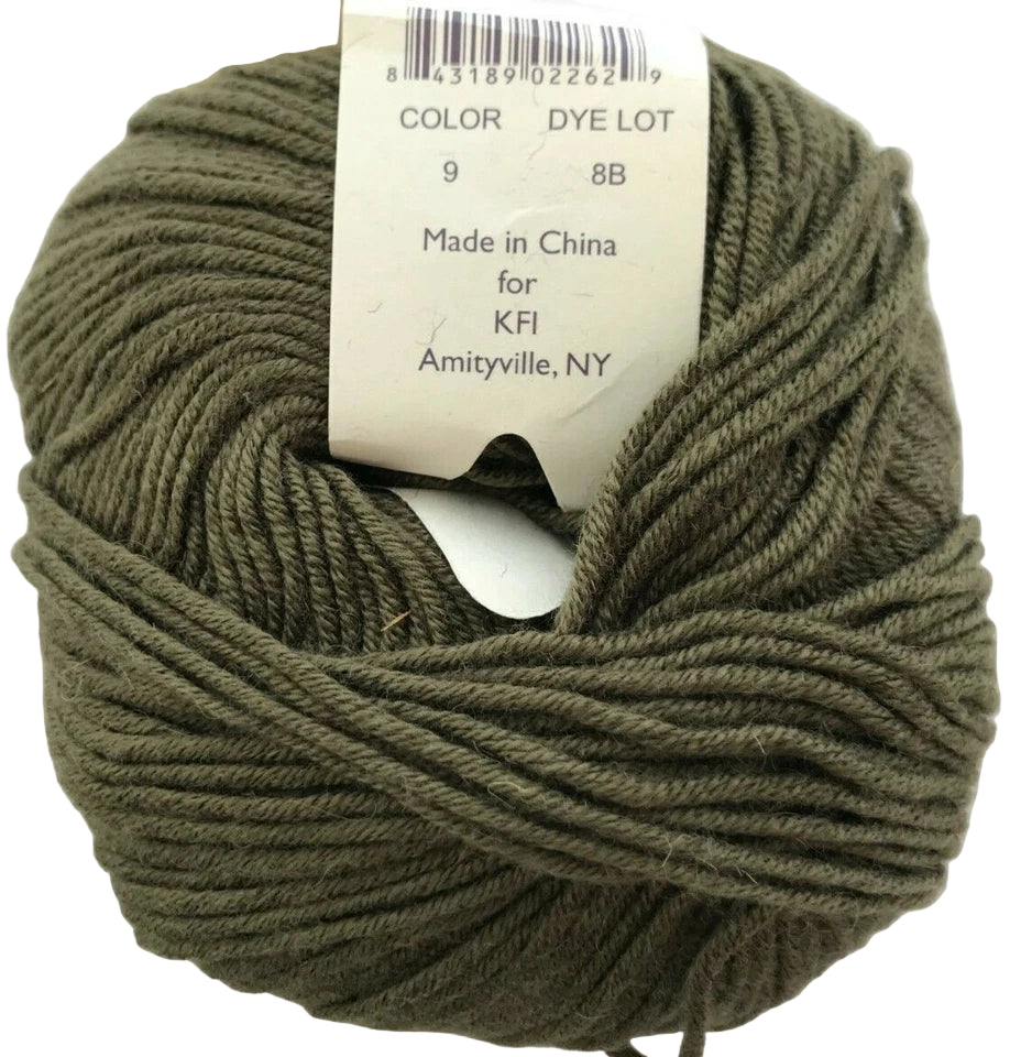 Ball of green yarn with a label on a white background