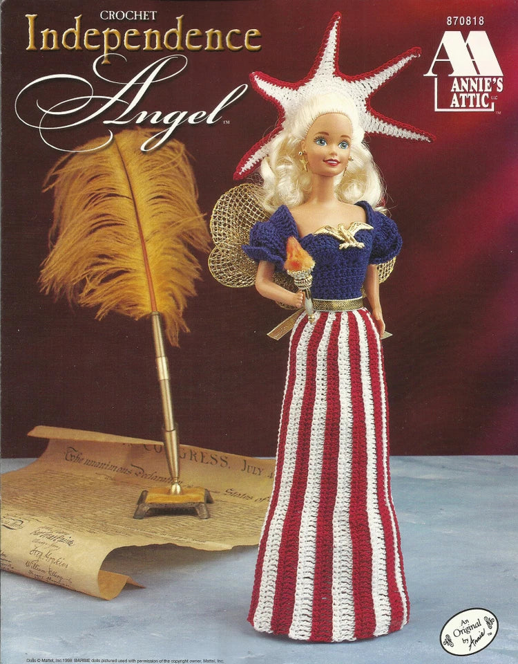 Crocheted Independence Angel doll with American flag design, featuring Annie's Attic branding.